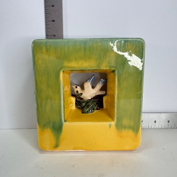 Vintage McCoy green and yellow ceramic square bird vase 6.75" tall - Picture 9 of 10